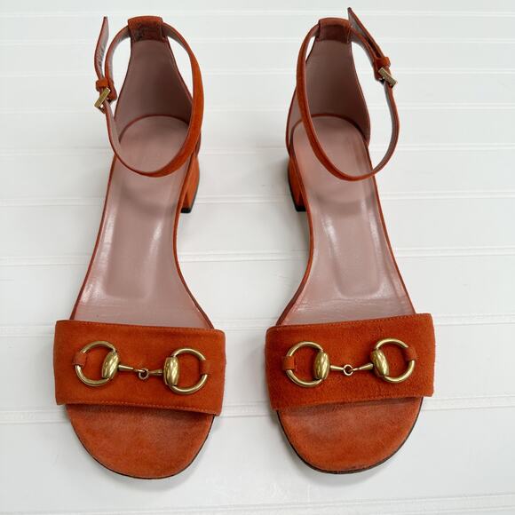 Gucci Horsebit Liliane Flat Suede Sandals Orange Gold Ankle Cuff Strap 37 - Picture 11 of 11